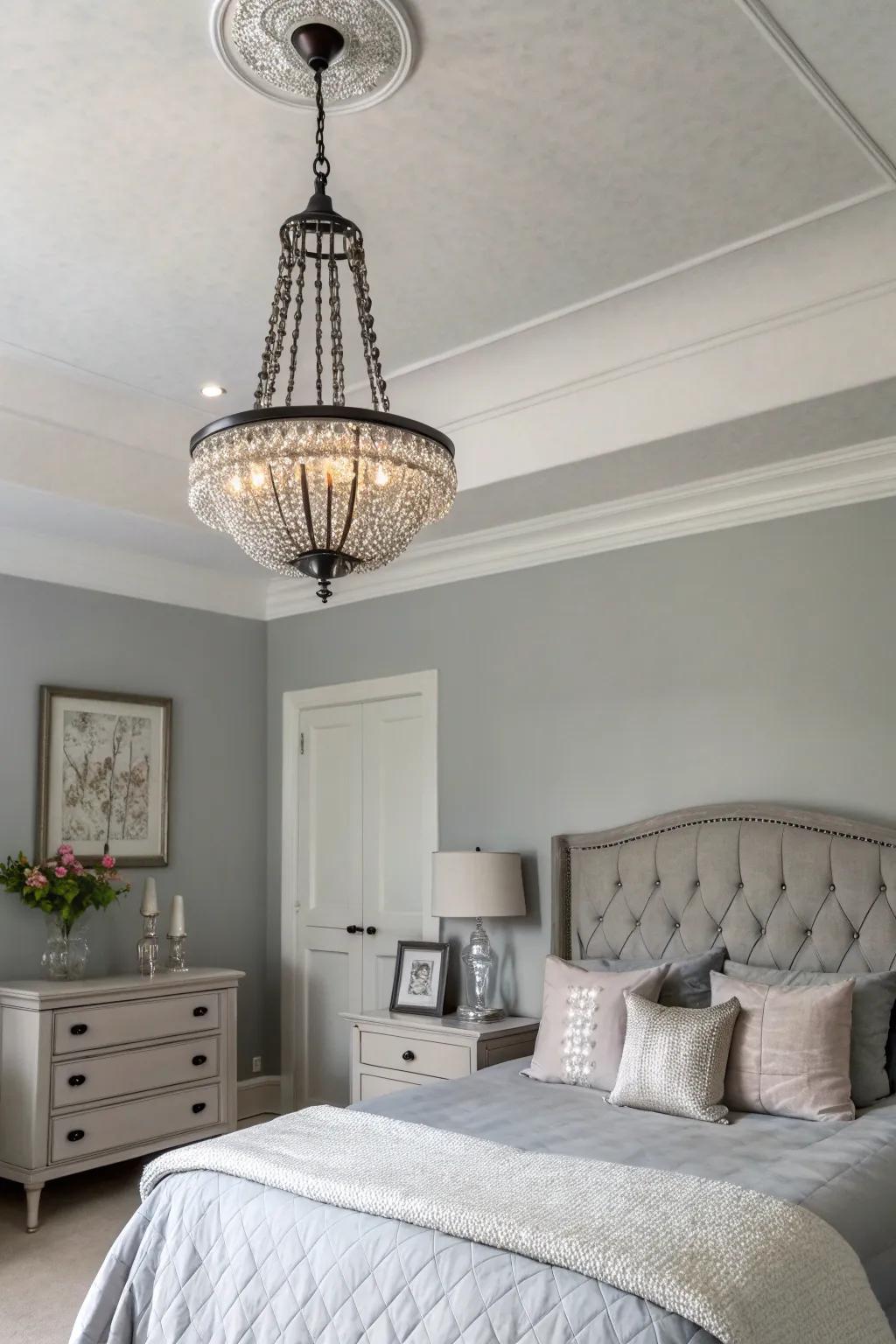 Lighting that serves as art in a tranquil gray bedroom.