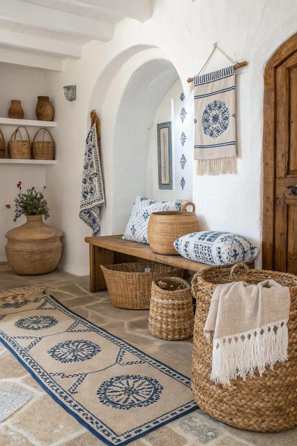 Textural decor embellishments lend warmth to Greek-inspired interiors.
