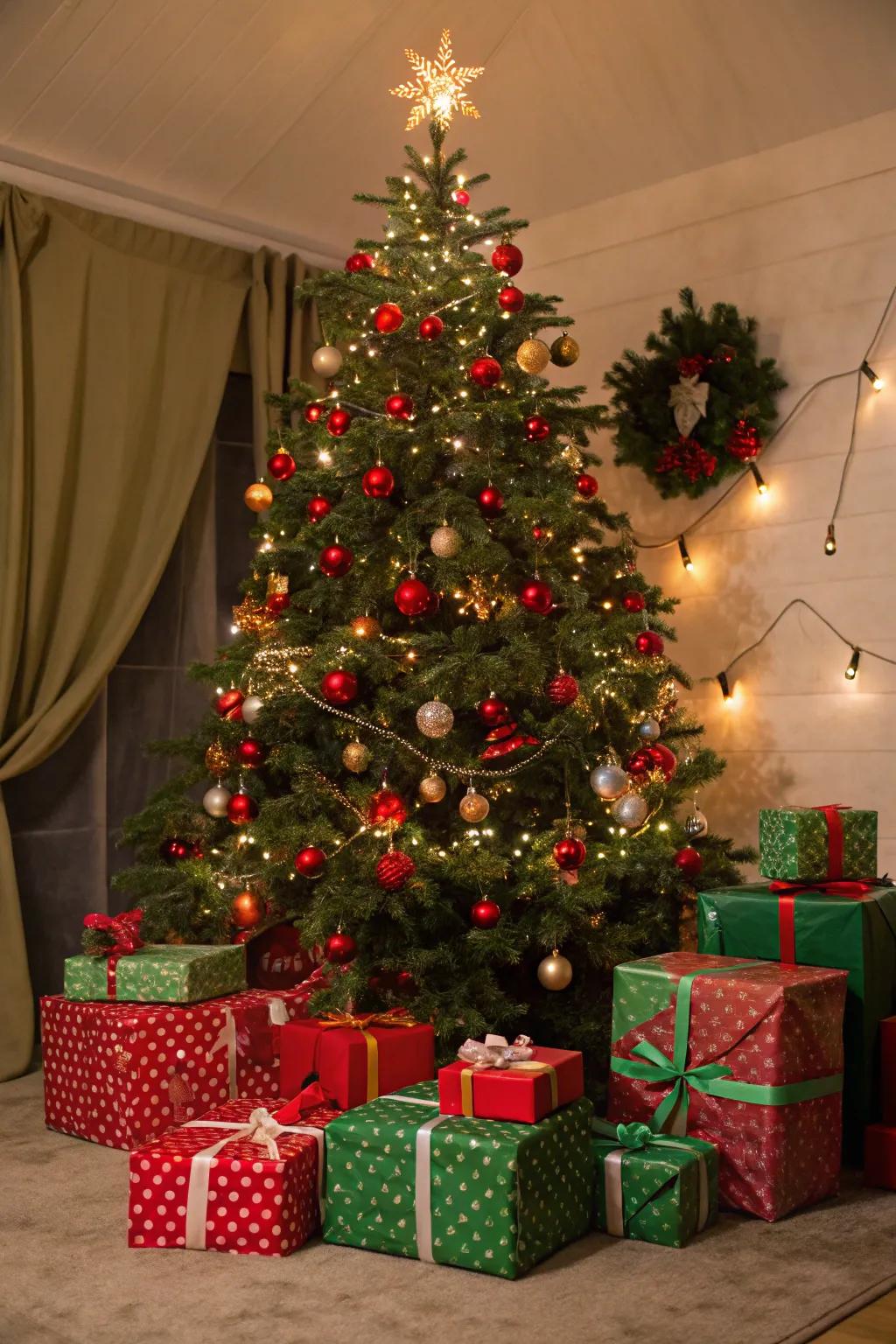 A Christmas tree showcasing flawlessly coordinated crimson and emerald gifts.