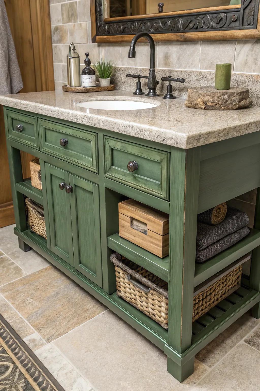 Green vanity elevated with a mix of materials for a dynamic appearance.
