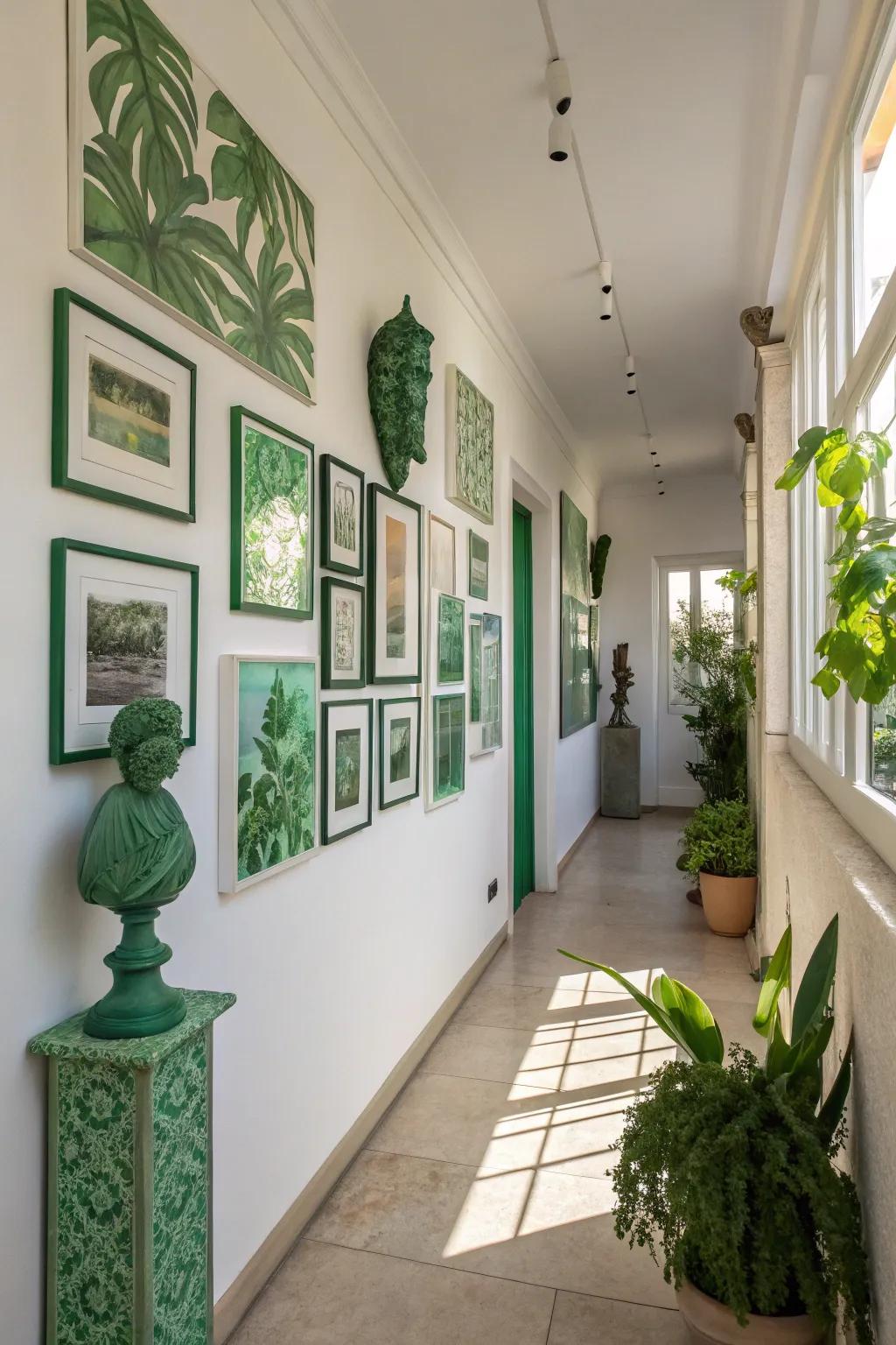 A gallery wall featuring green-toned art adds sophistication and personal style.