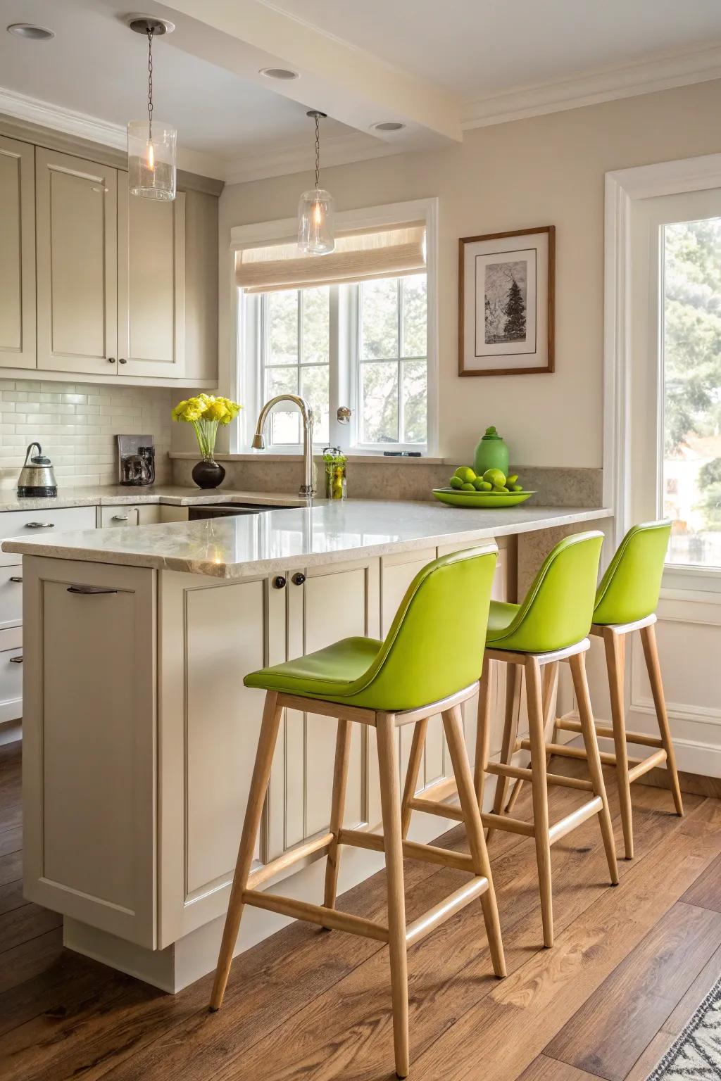 Vibrant green highlights introduce a cheerful twist to the culinary space.