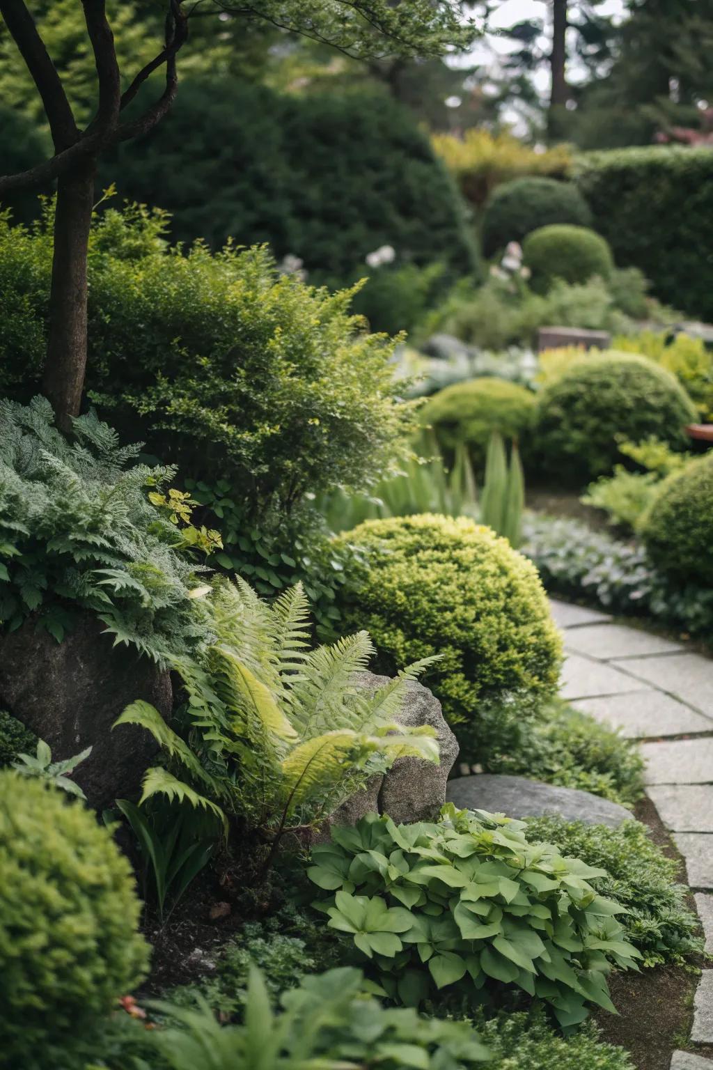 A soothing single-shade green garden with diverse plant textures.