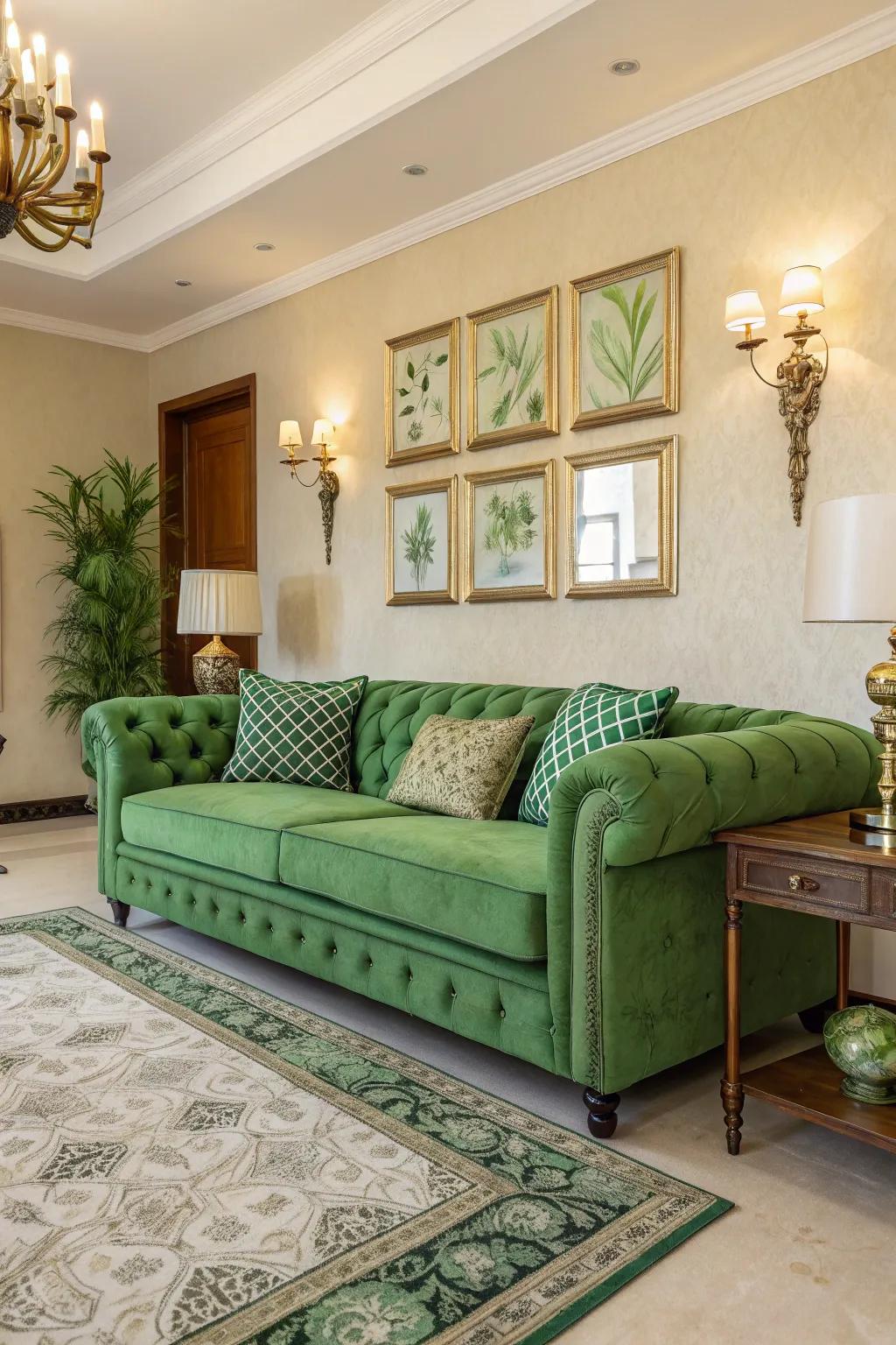 Verdant upholstery serves as a versatile centerpiece.