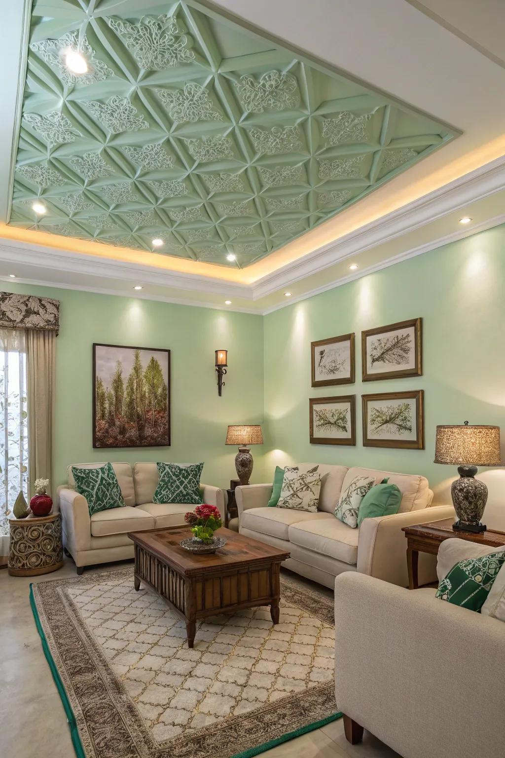 A green ceiling brings an unexpected twist to this unified living room.