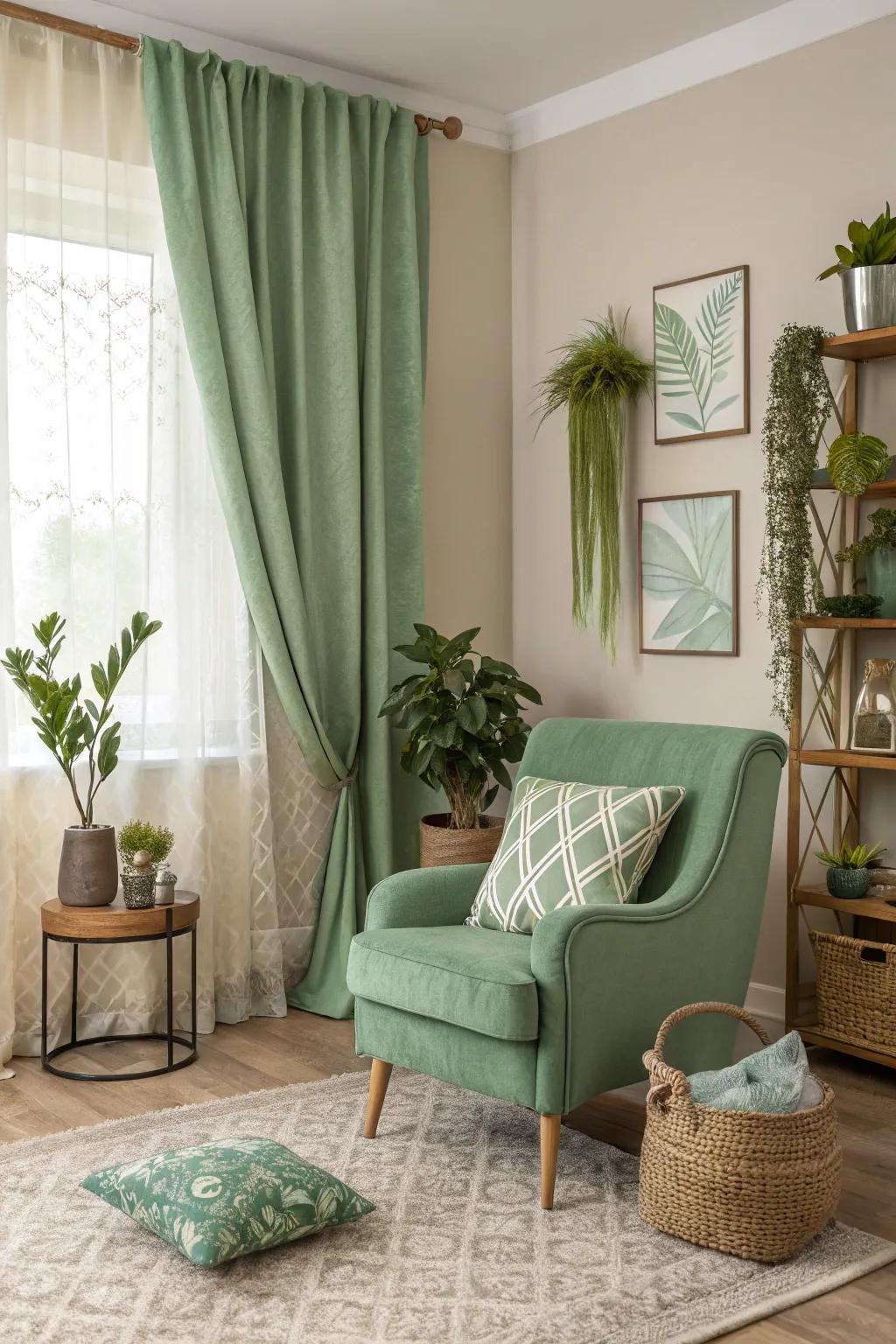 The partnership of green and neutral shades engendering a serene equilibrium.