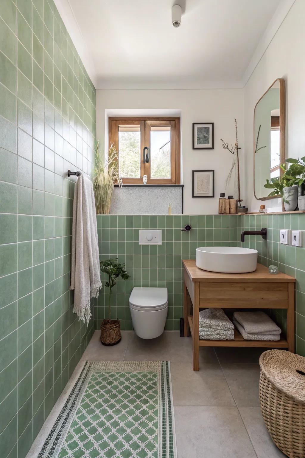 Salvia green tiles produce a serene and balanced setting.