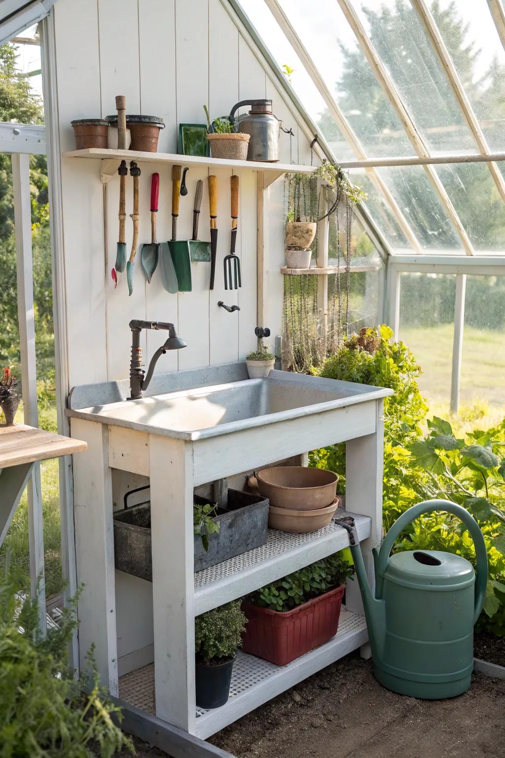 A gardening tool sink combo enhances organization and efficiency.