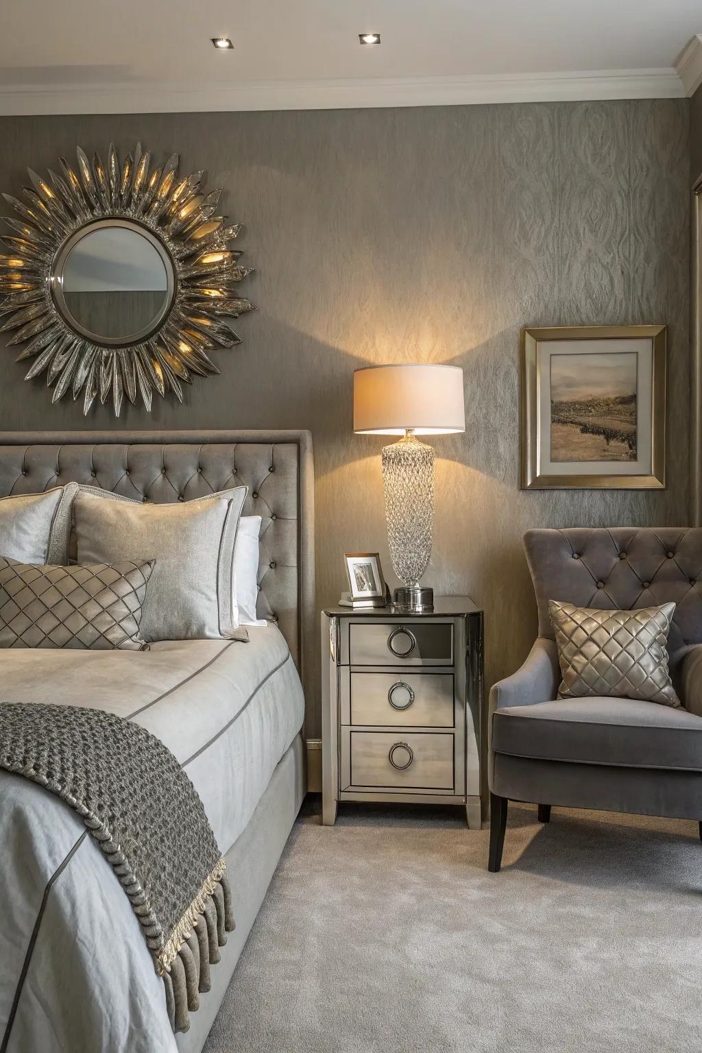 Metallic accents add glamour to this grey feature wall.