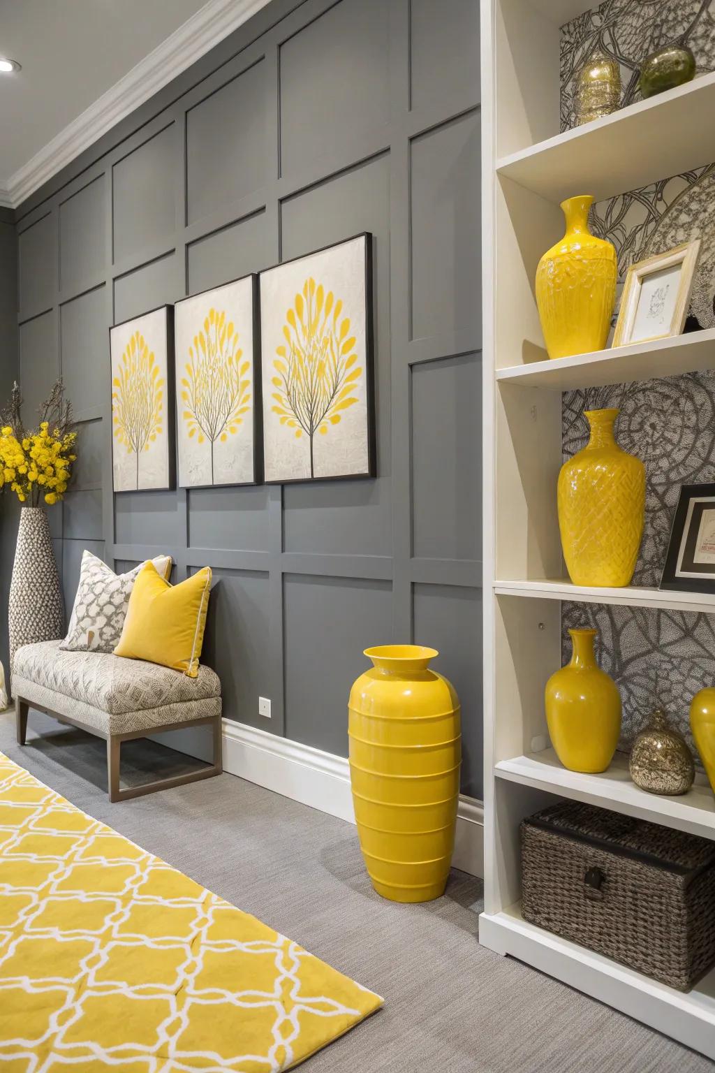 Pops of yellow against a grey accent wall.