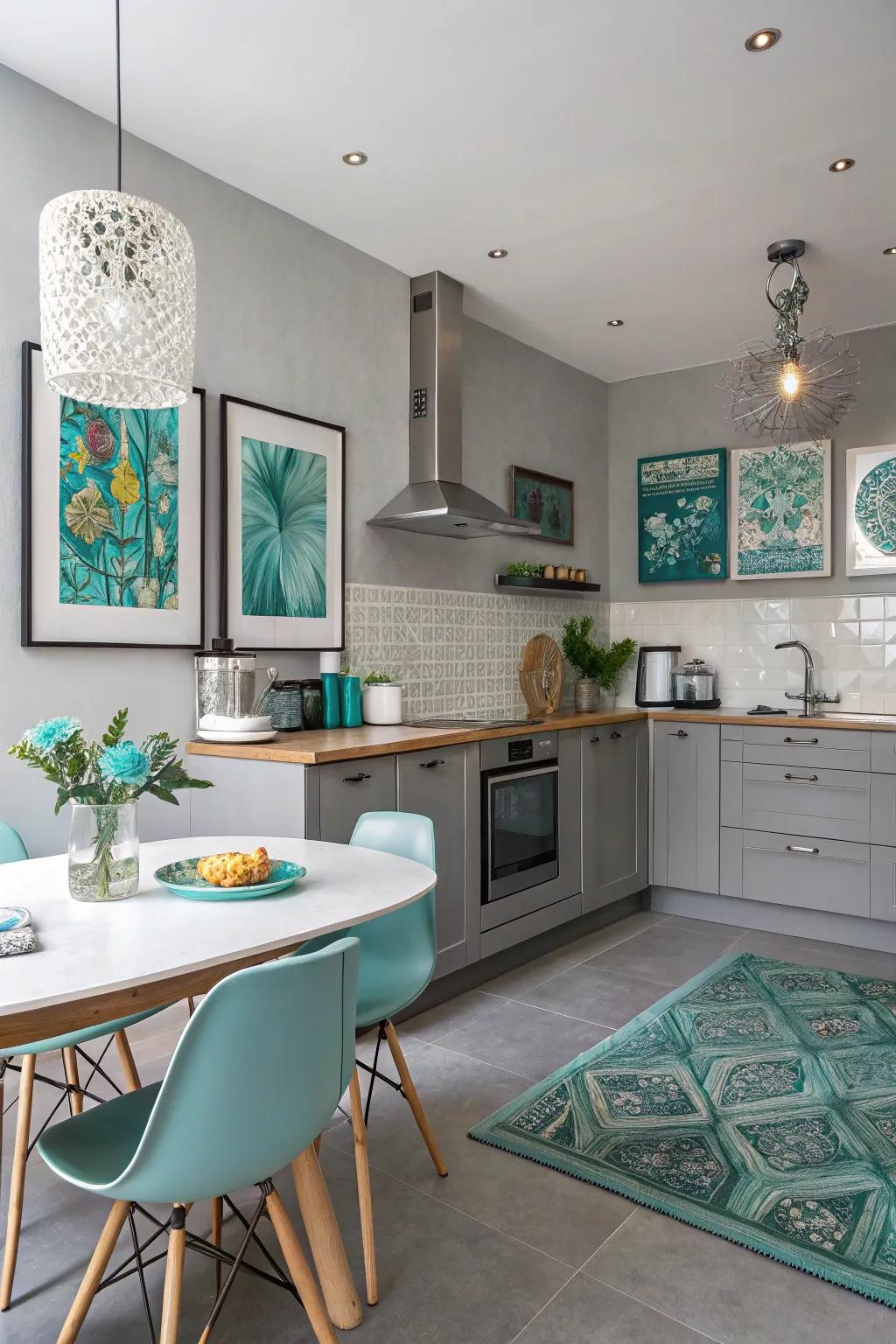 Azure artwork incorporates a splash of imagination to stone coloured walls.