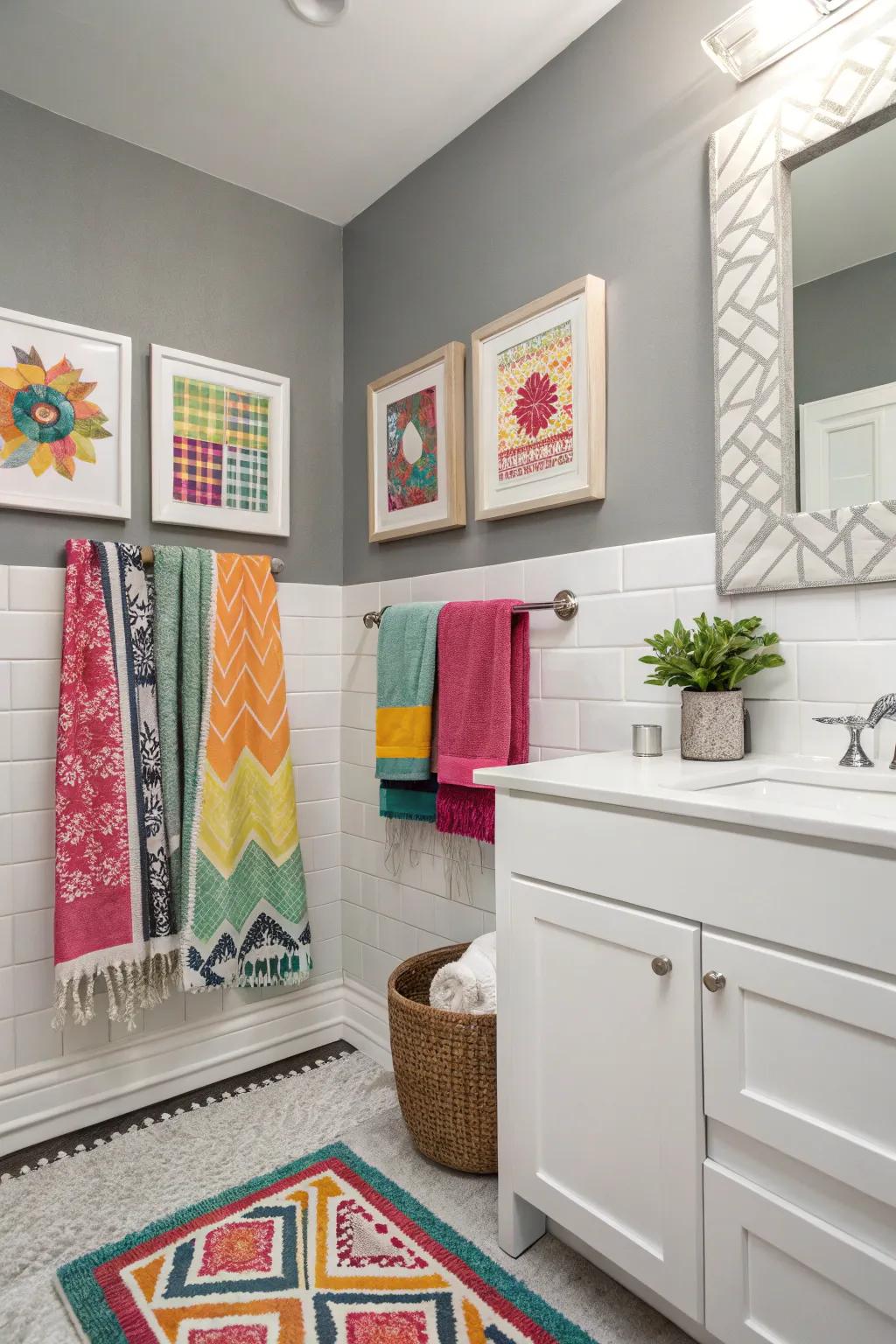 A pop of color through accessories adds personality to the bathroom.