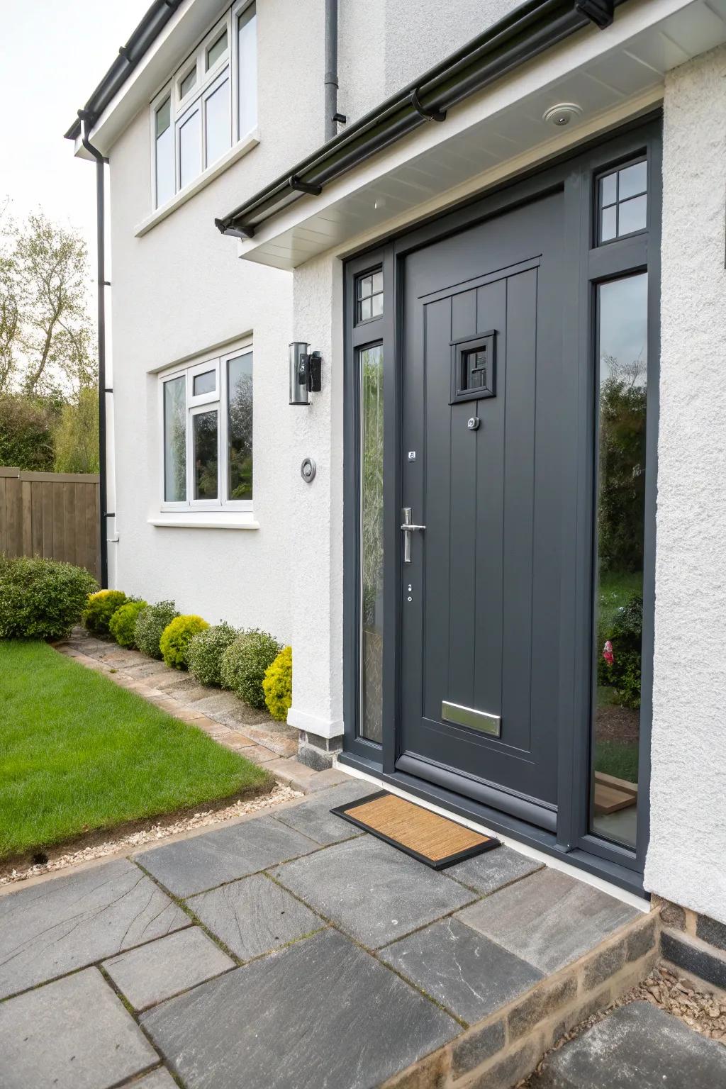 Coal slate injects a dramatic flair within this streamlined entrance.
