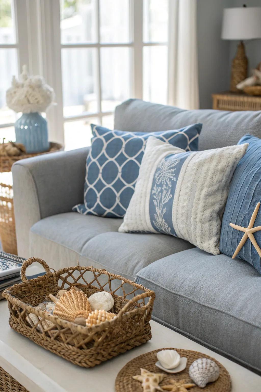 A gray sofa styled for a serene coastal vibe.