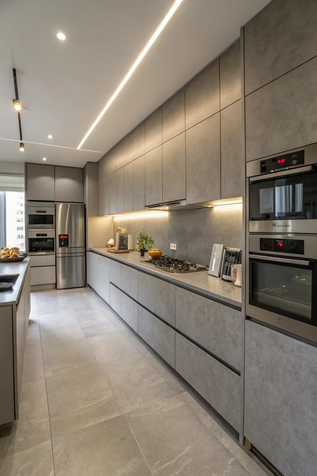 A kitchen featuring smoothly integrated appliances and grey countertops.