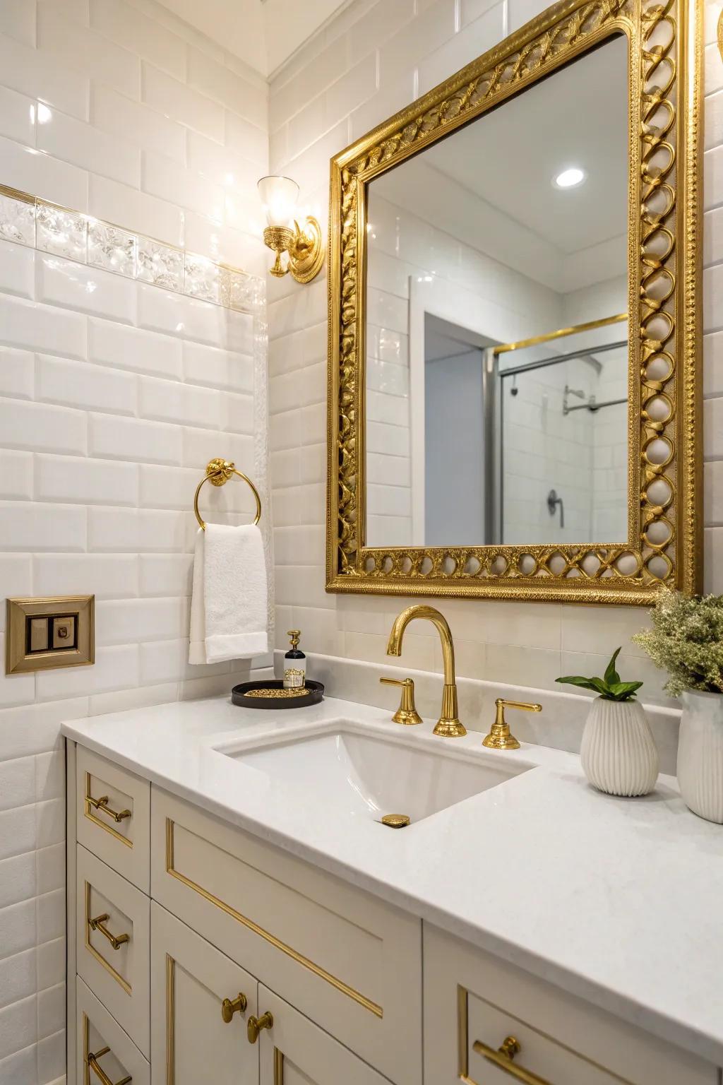 Gilded details add a luxurious touch to this modern bathroom.