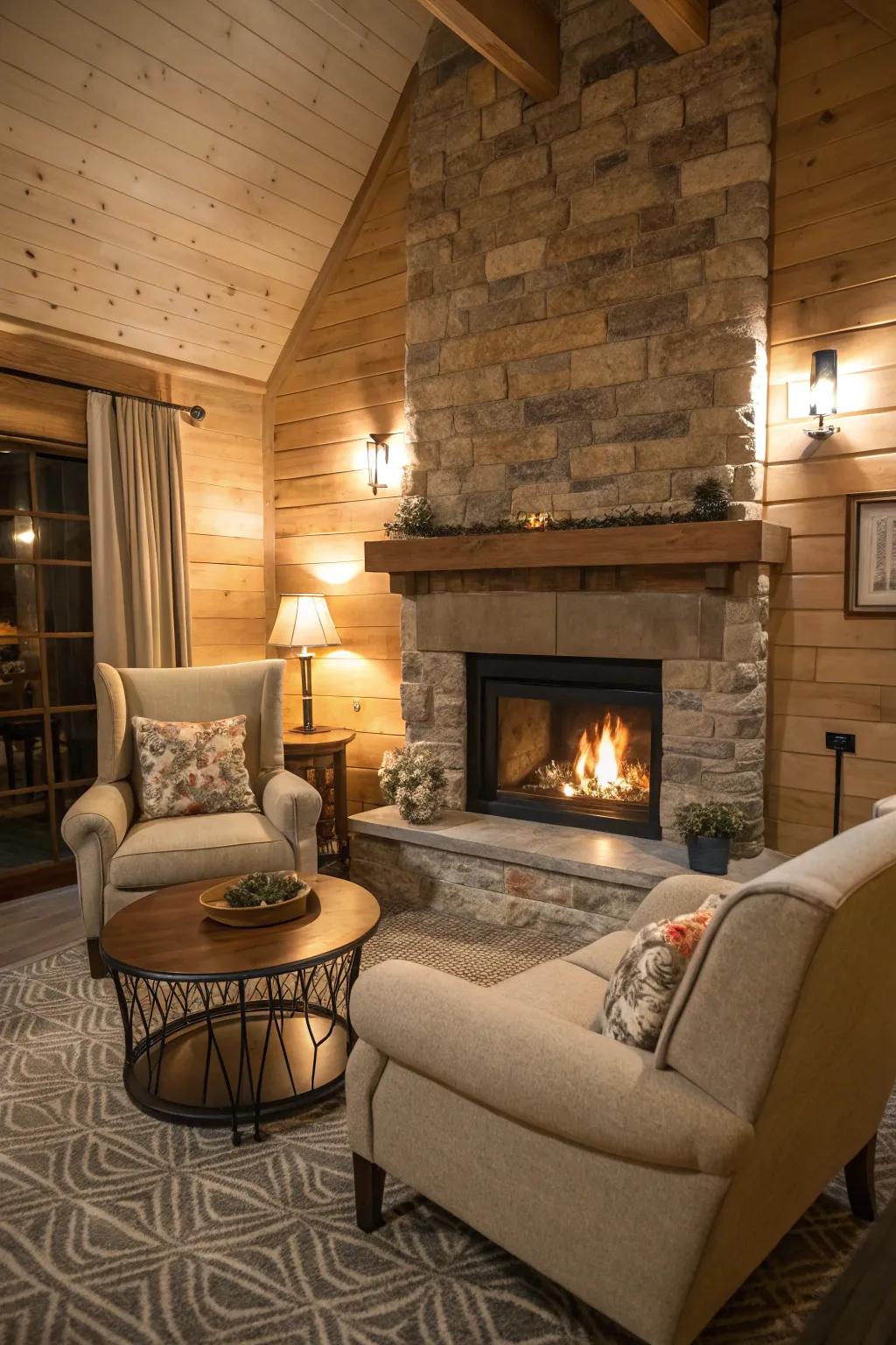 A guest house with a welcoming fireplace, perfect for cozy evenings.