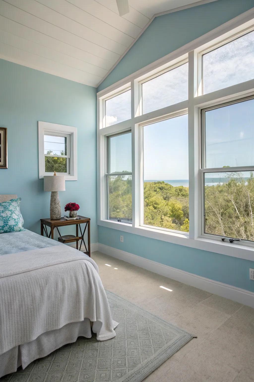 A guest room featuring airy blue walls for a light, airy feel.