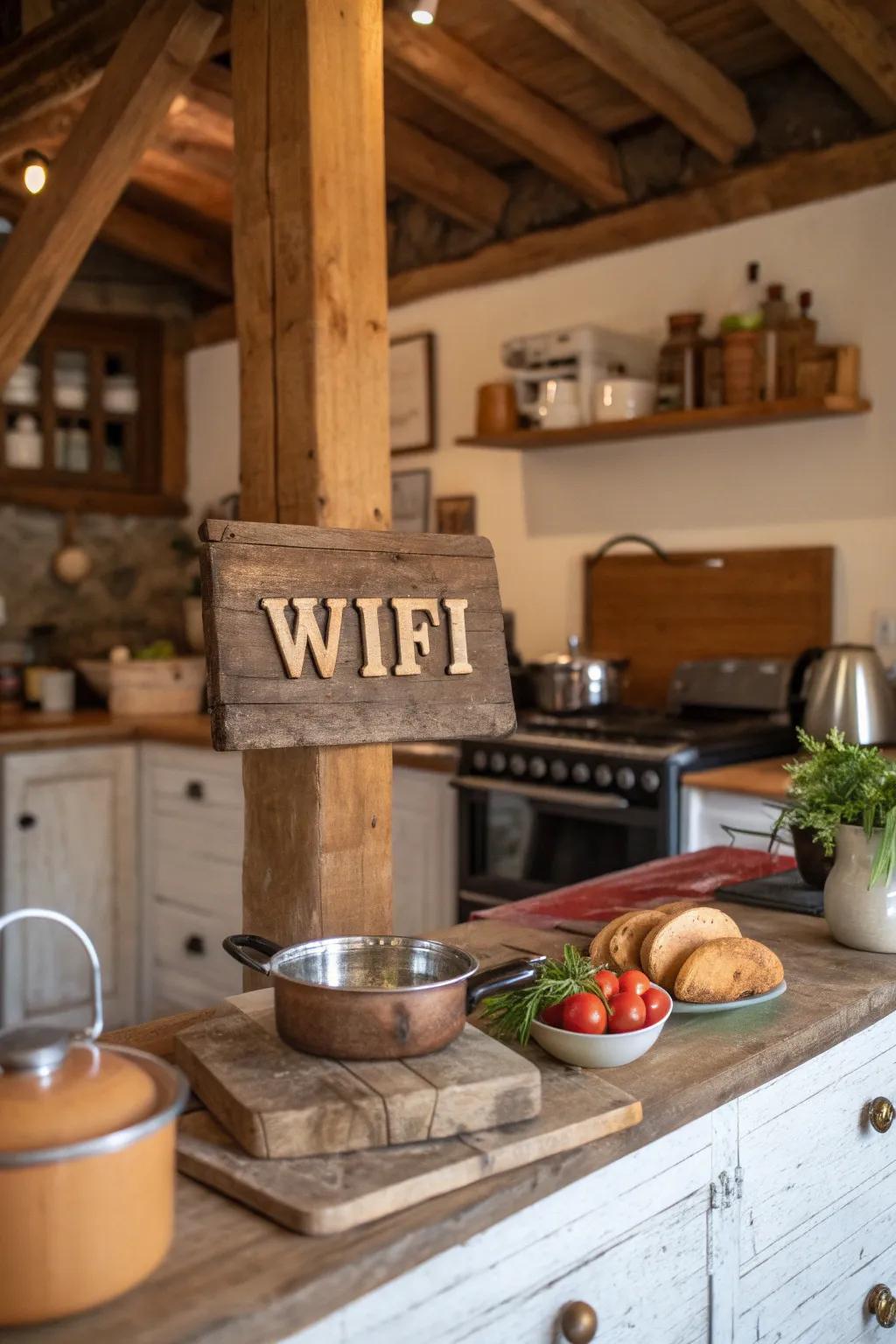 A country-style timber notification bringing a farmhouse touch to the kitchen decor.