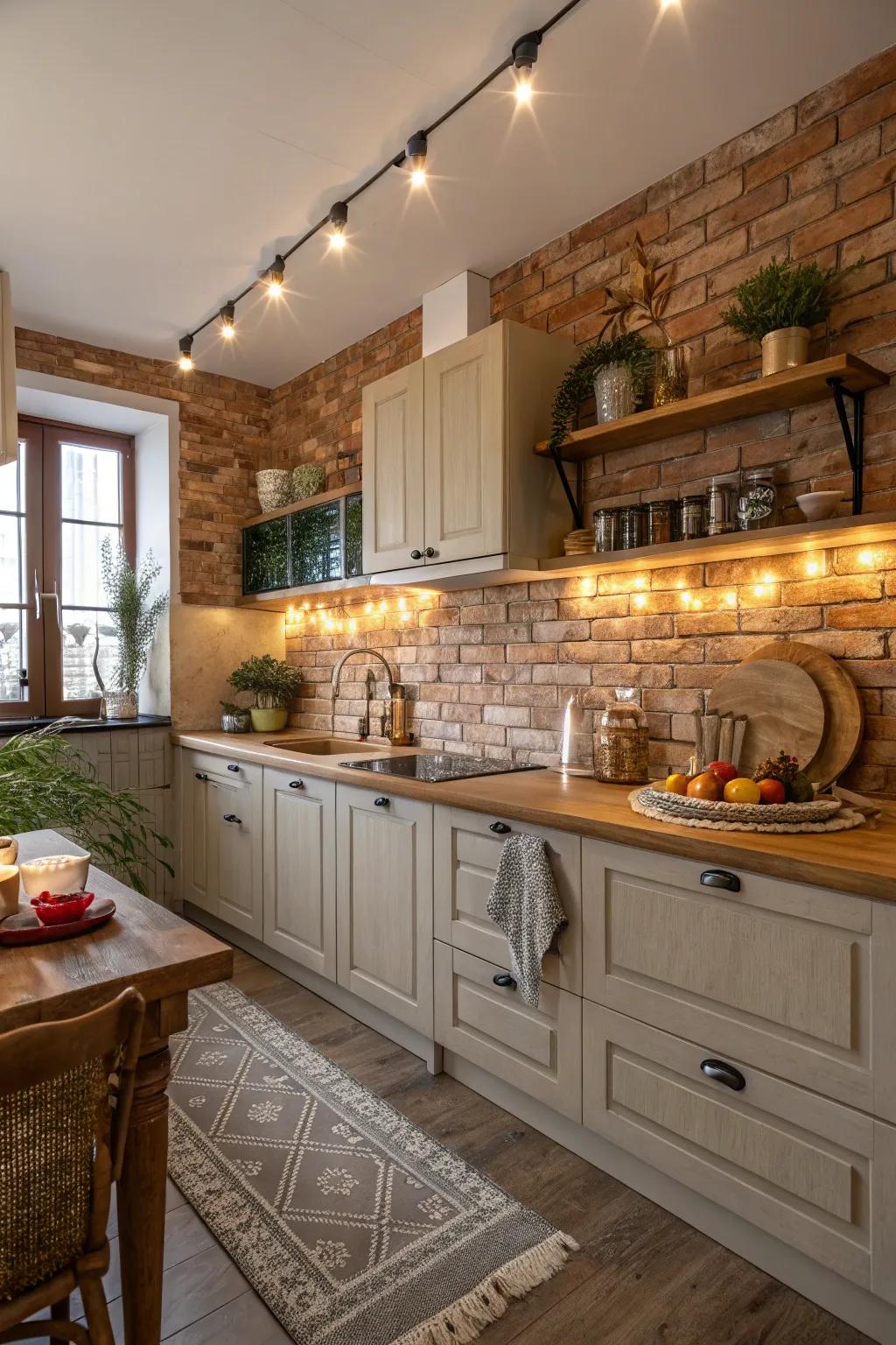 A kitchen featuring a textured brick panel for added warmth.
