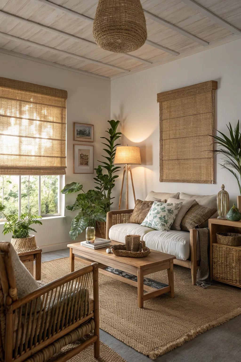 A tranquil living room displaying raw weave window coverings.