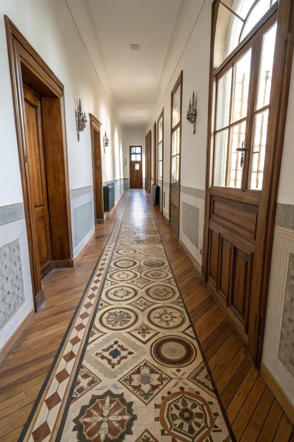 Mixing floor textures adds depth to your hallway.