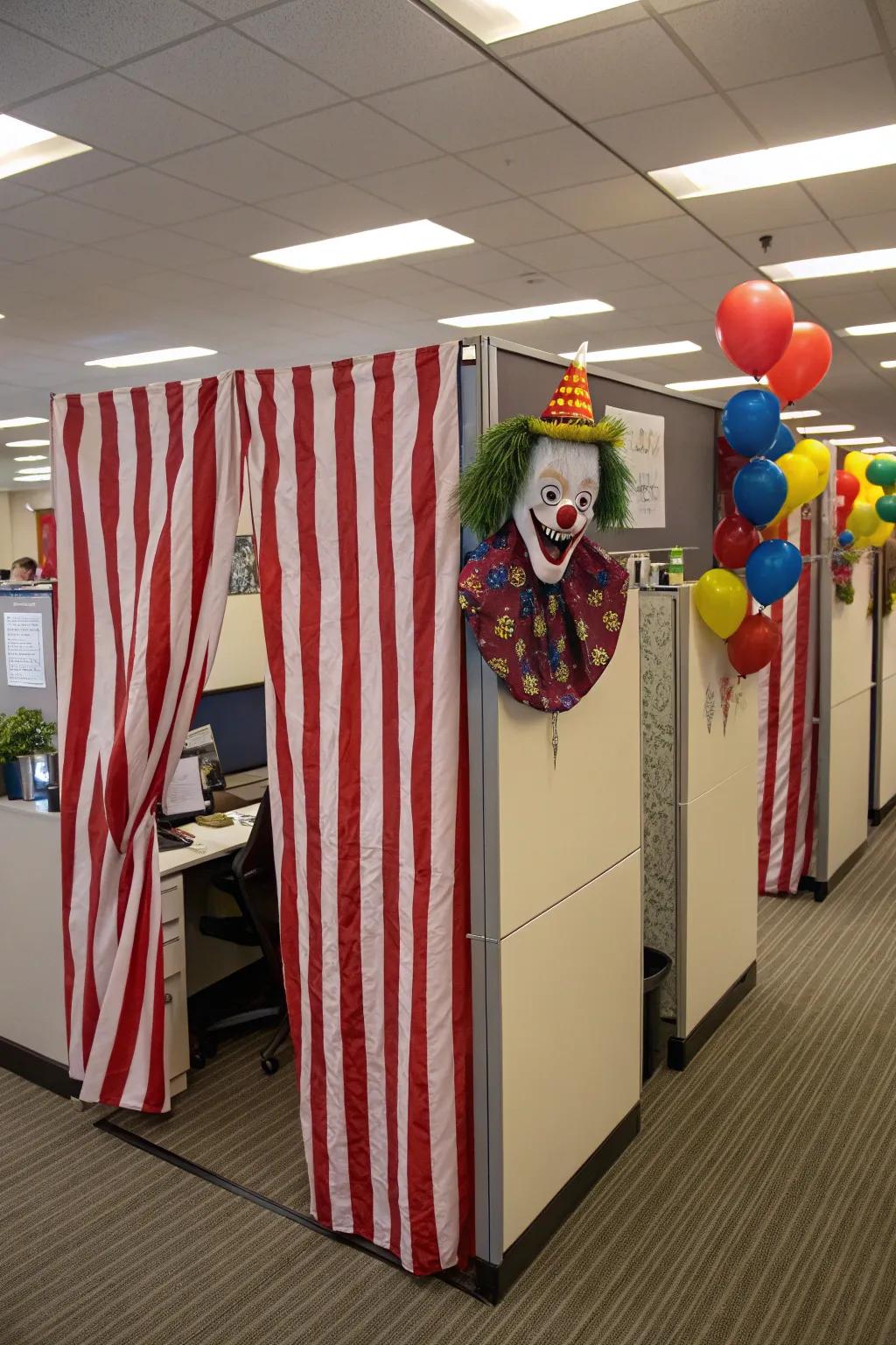 Experience a carnival of horrors with vibrant and unsettling decor.