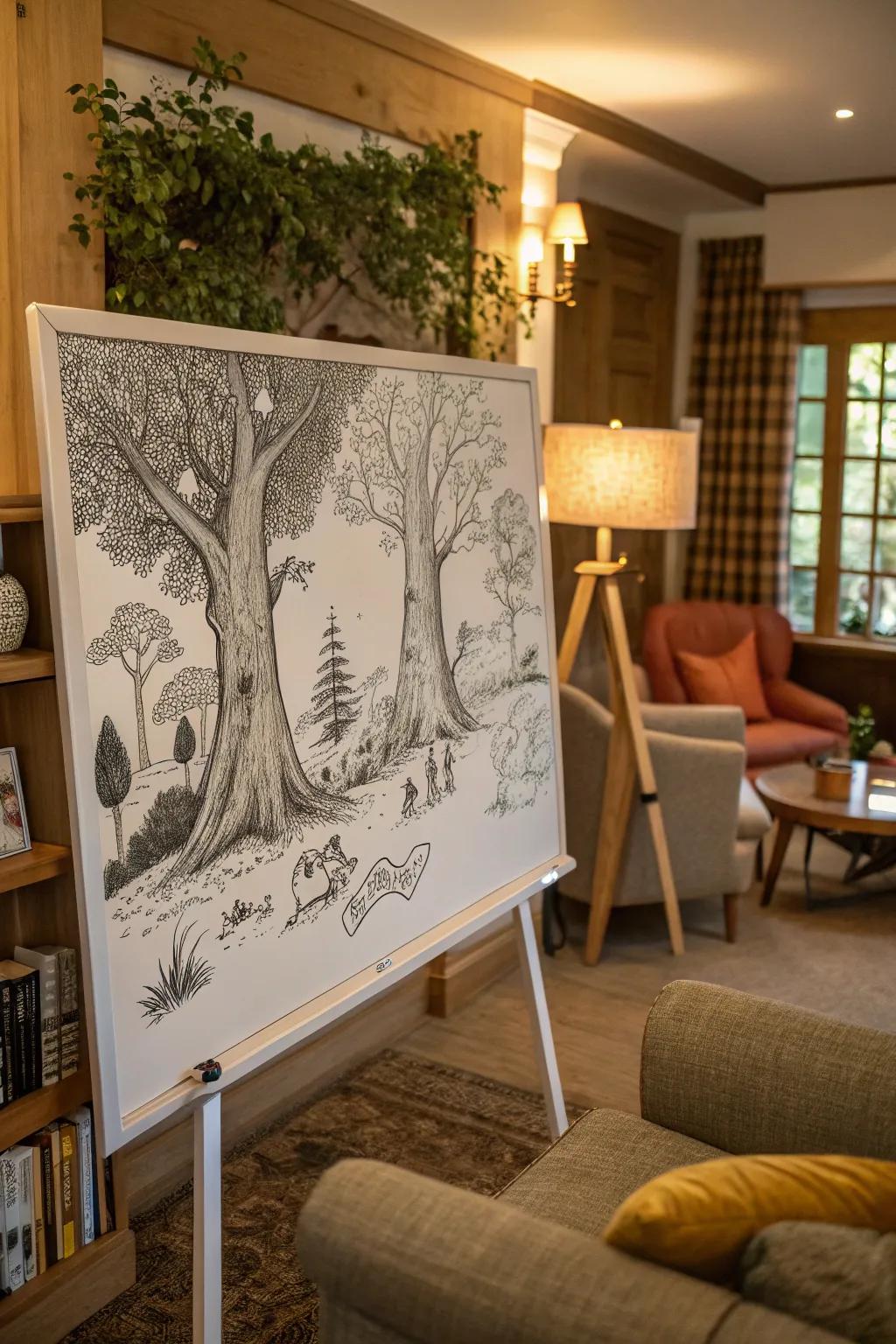 An enchanted grove panorama depicted on a Halloween whiteboard.