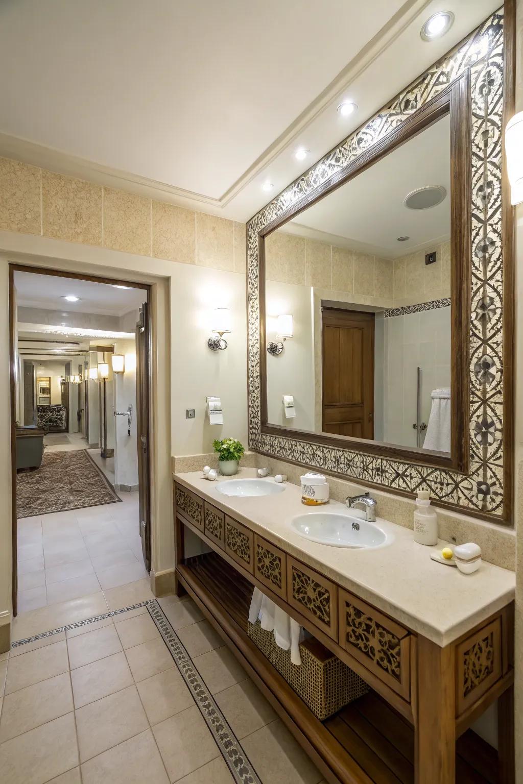 A signature mirror enhances depth and style.