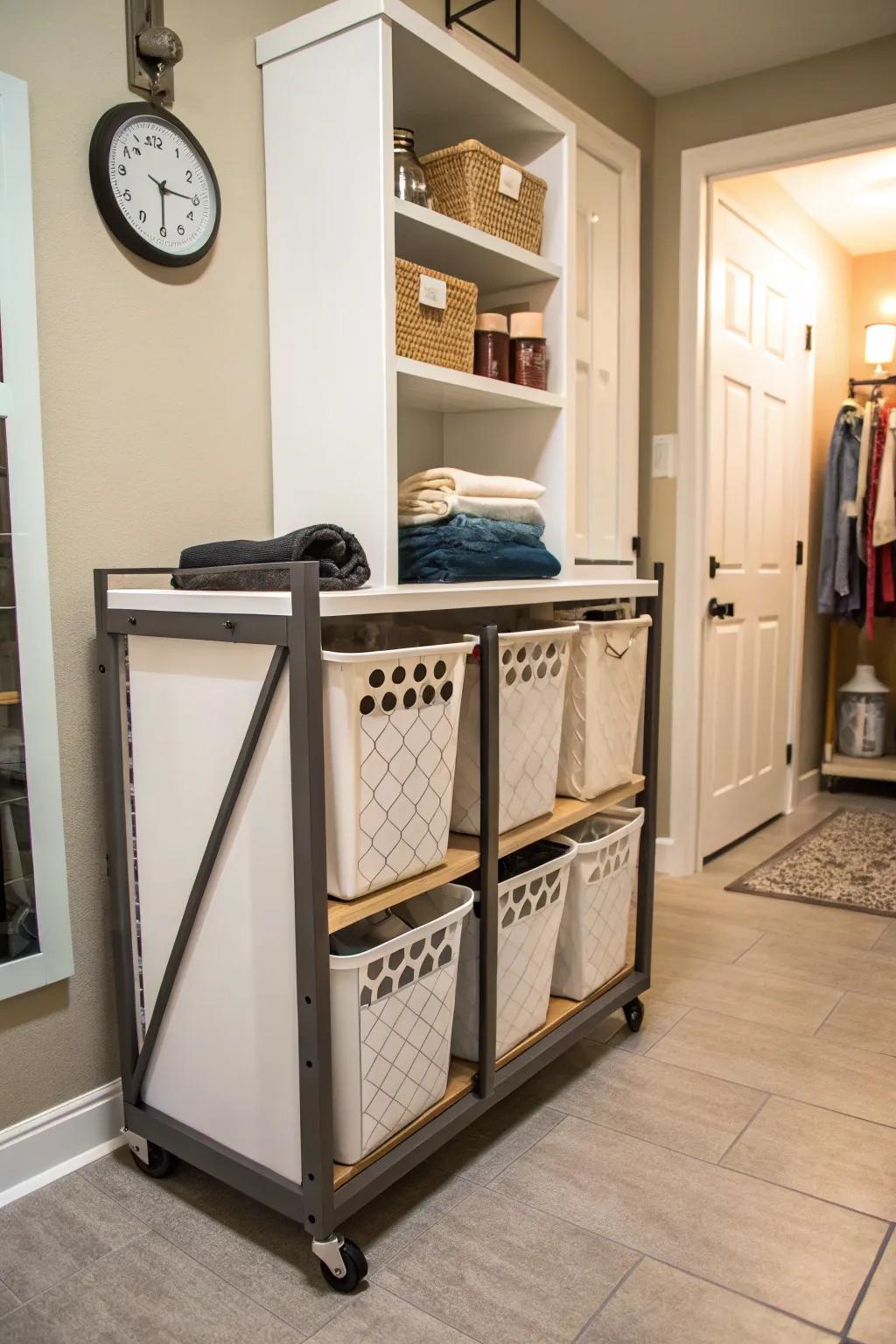 A custom rolling laundry bin for simple sorting.