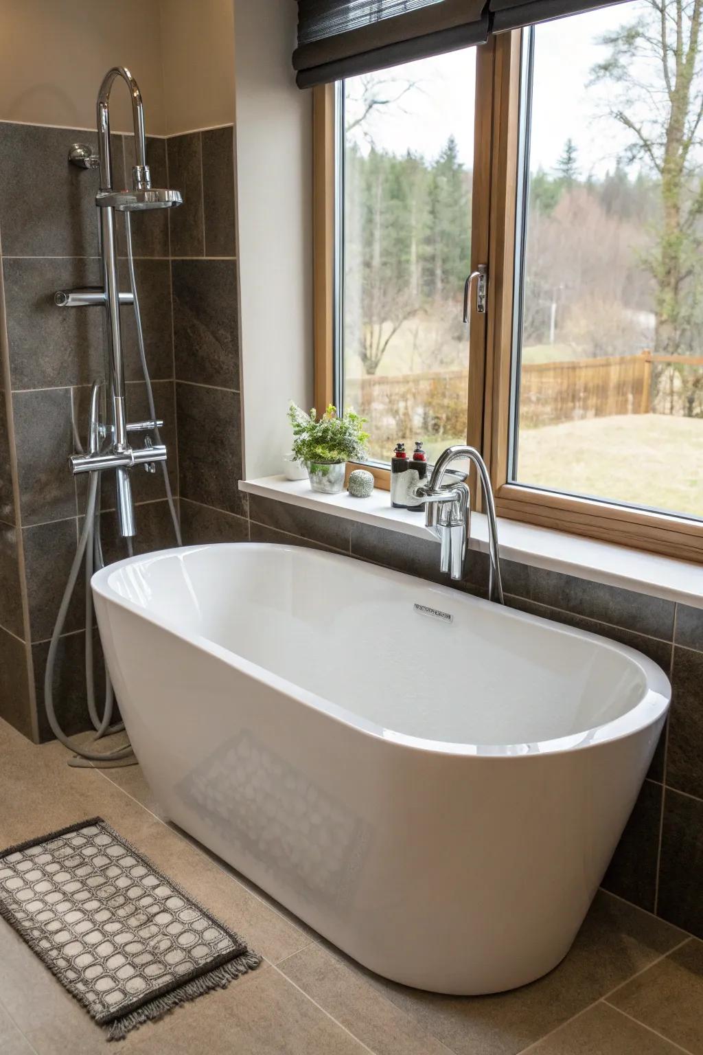 Integrate an aqua sprayer with a tub spout for dual functionality.