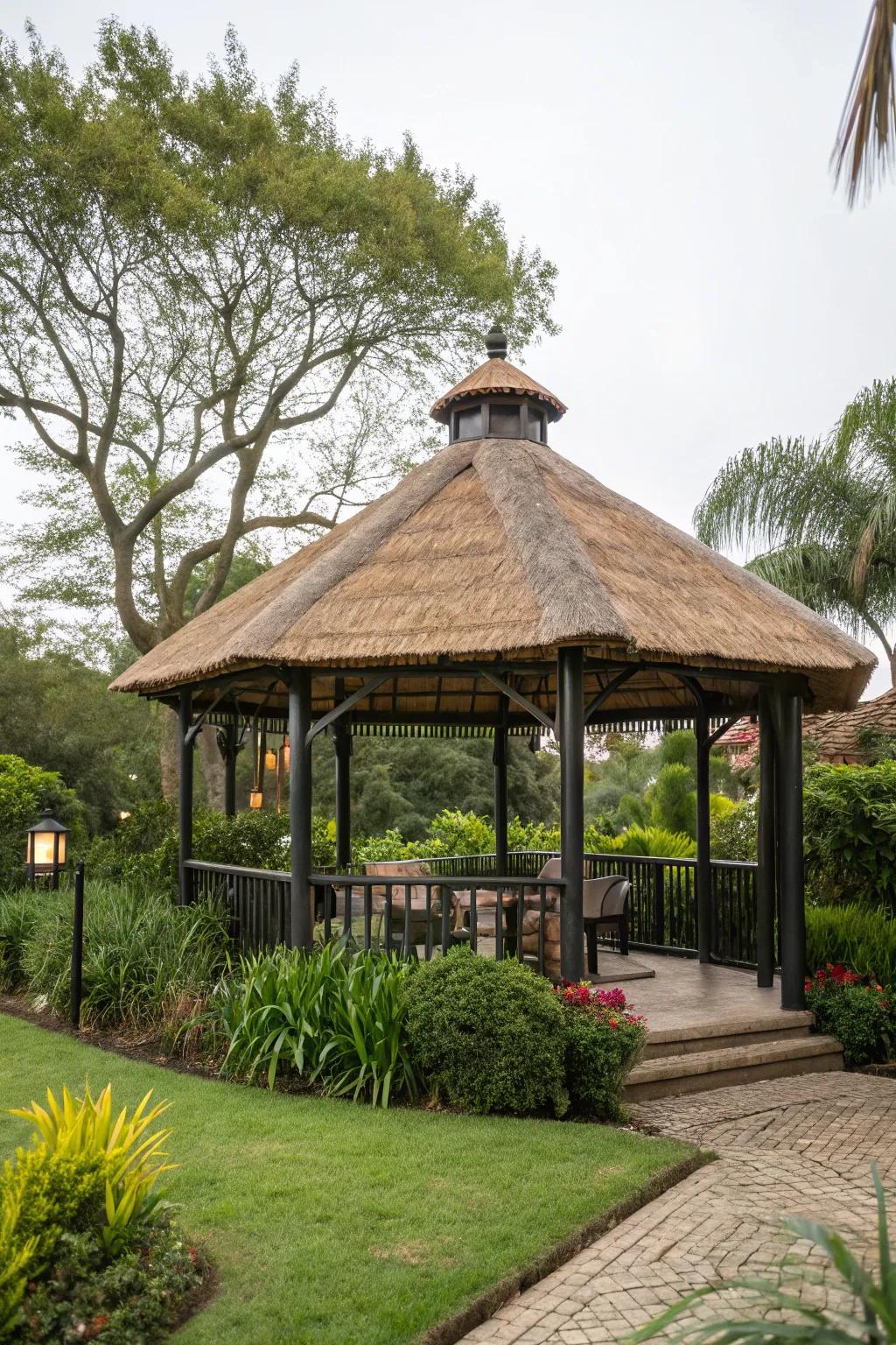 Embrace rustic allure with a thatched roof gazebo.