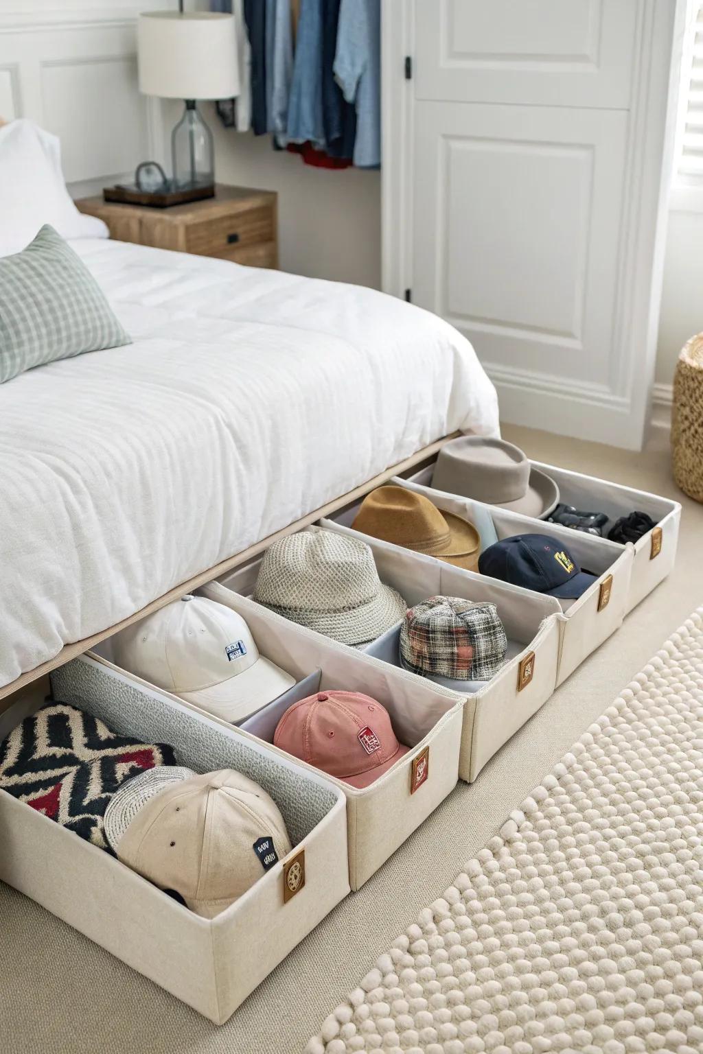 Hats kept in storage under the bed.