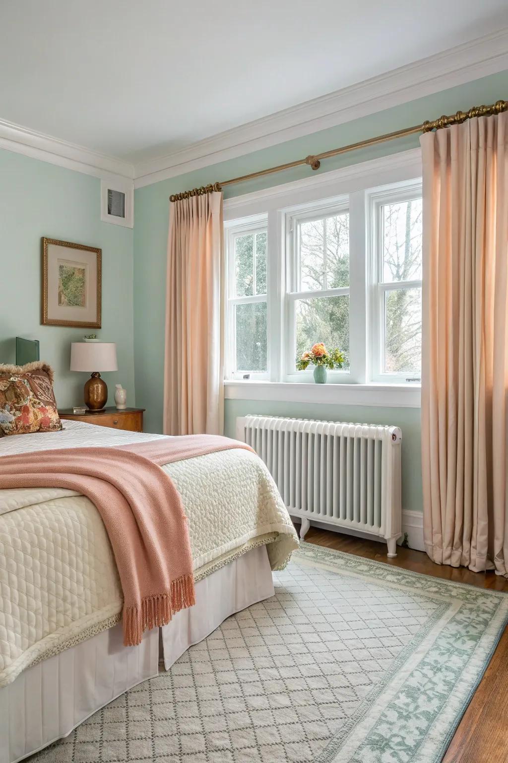A serene bedroom with water-based perimeter heaters for a tranquil and cozy atmosphere.