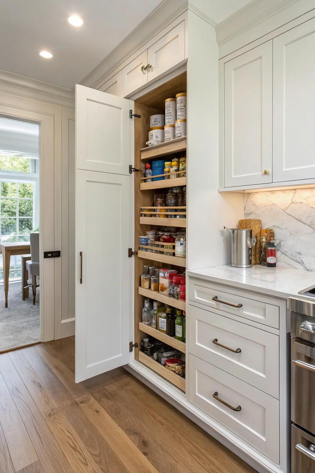 Unexpected and seamless storage solutions are provided by a concealed pantry.
