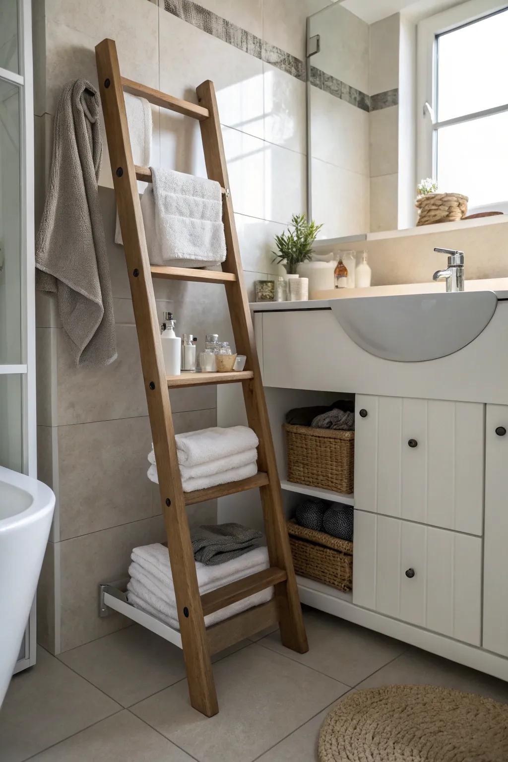 A ladder shelf hiding a storage cabinet in a modern bathroom.
