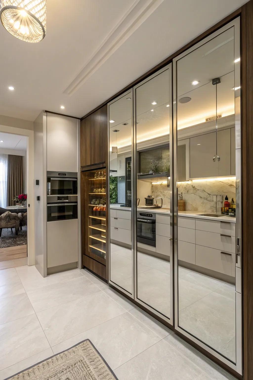 Reflector entrances mirroring the cooking area while masking a pantry.