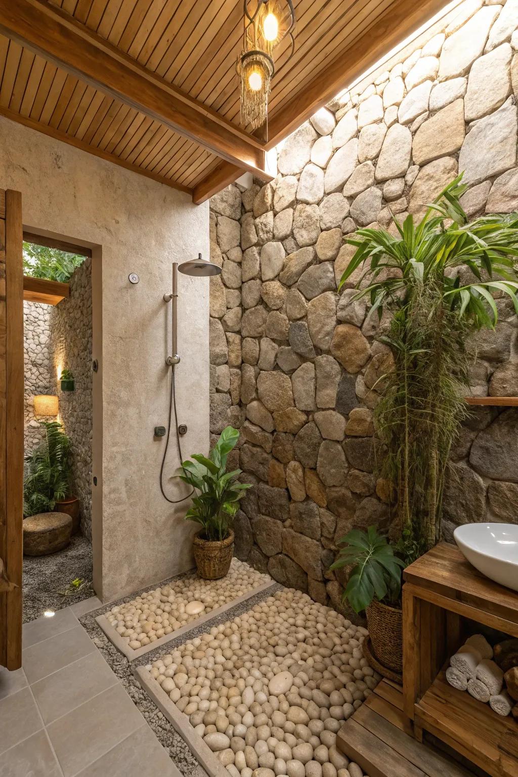 Stone textures engender inherent equilibrium within concealed shower expanses.
