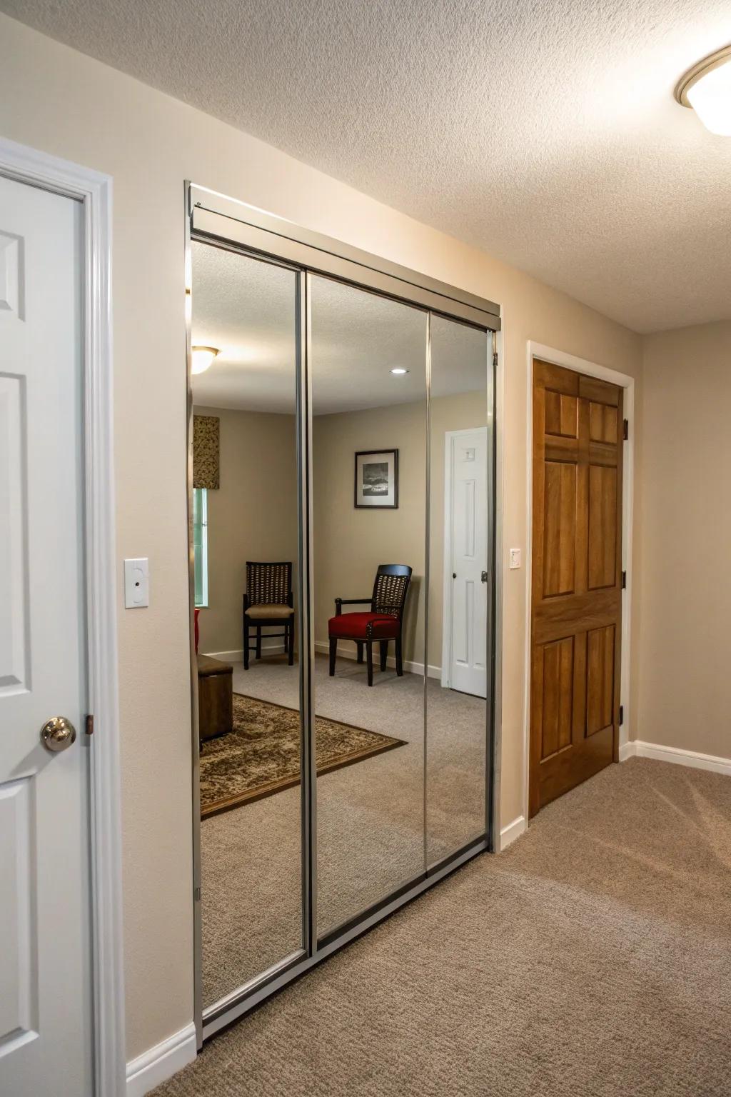 Mirror sliding doors make the illusion of more space and light.