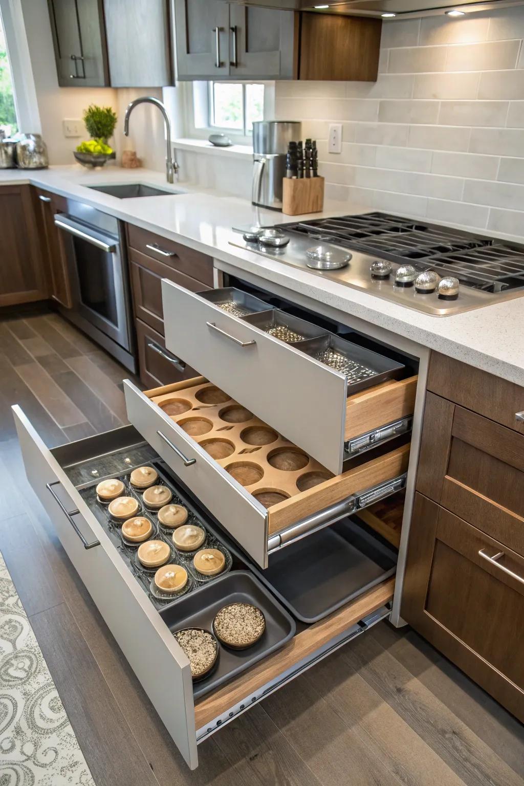 Effective kitchen storage with toe-kick drawers