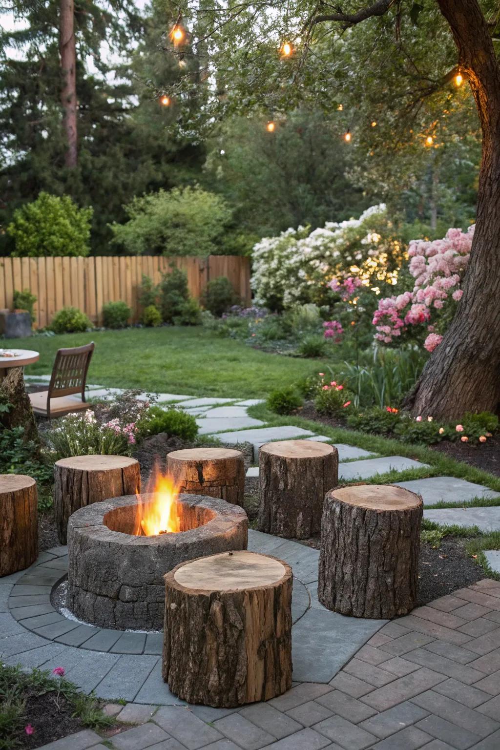 Inherent stump perches surrounding a fire pit create a pleasant gathering location.