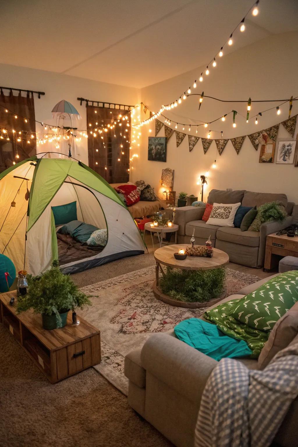 A fanciful simulated camping arrangement perfect for a daring celebration.