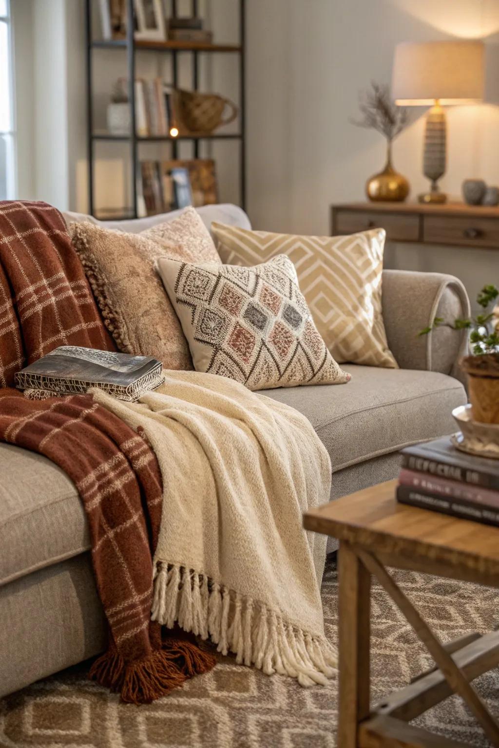 Layered textiles add warmth and depth to the decor.