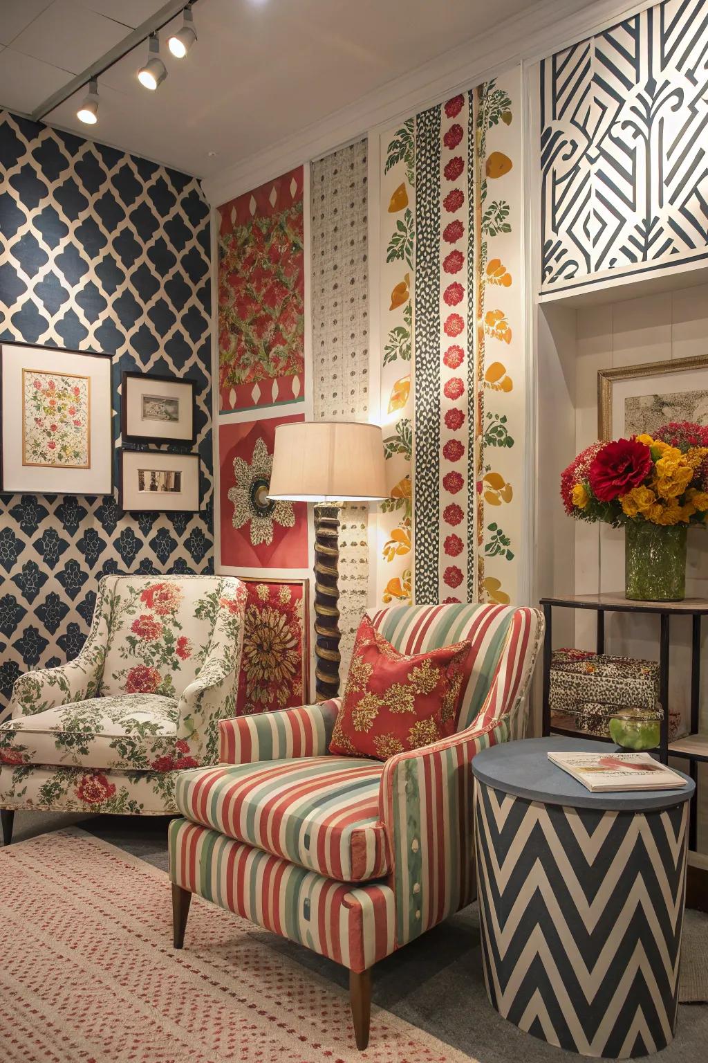 A room featuring a mix of patterns