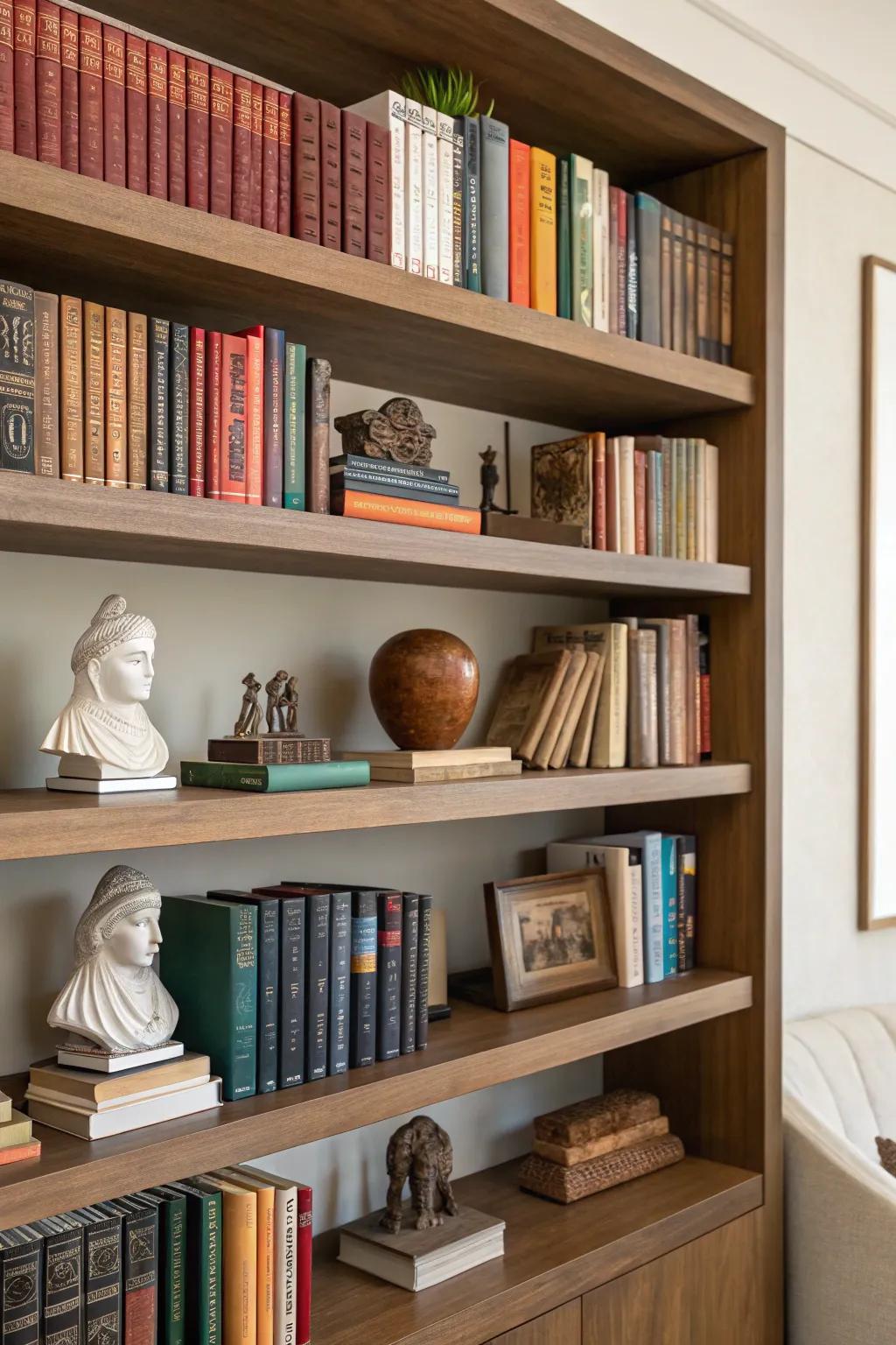 A bookshelf styled with books and decorative sculptures.