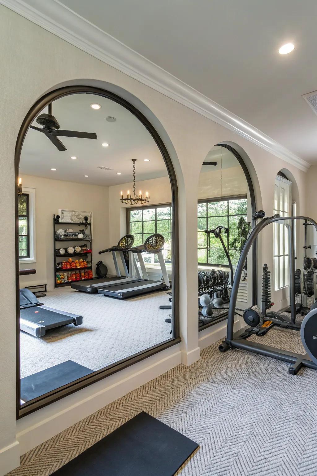 Arched reflective surfaces contribute an up-to-date spin to this personal gym.