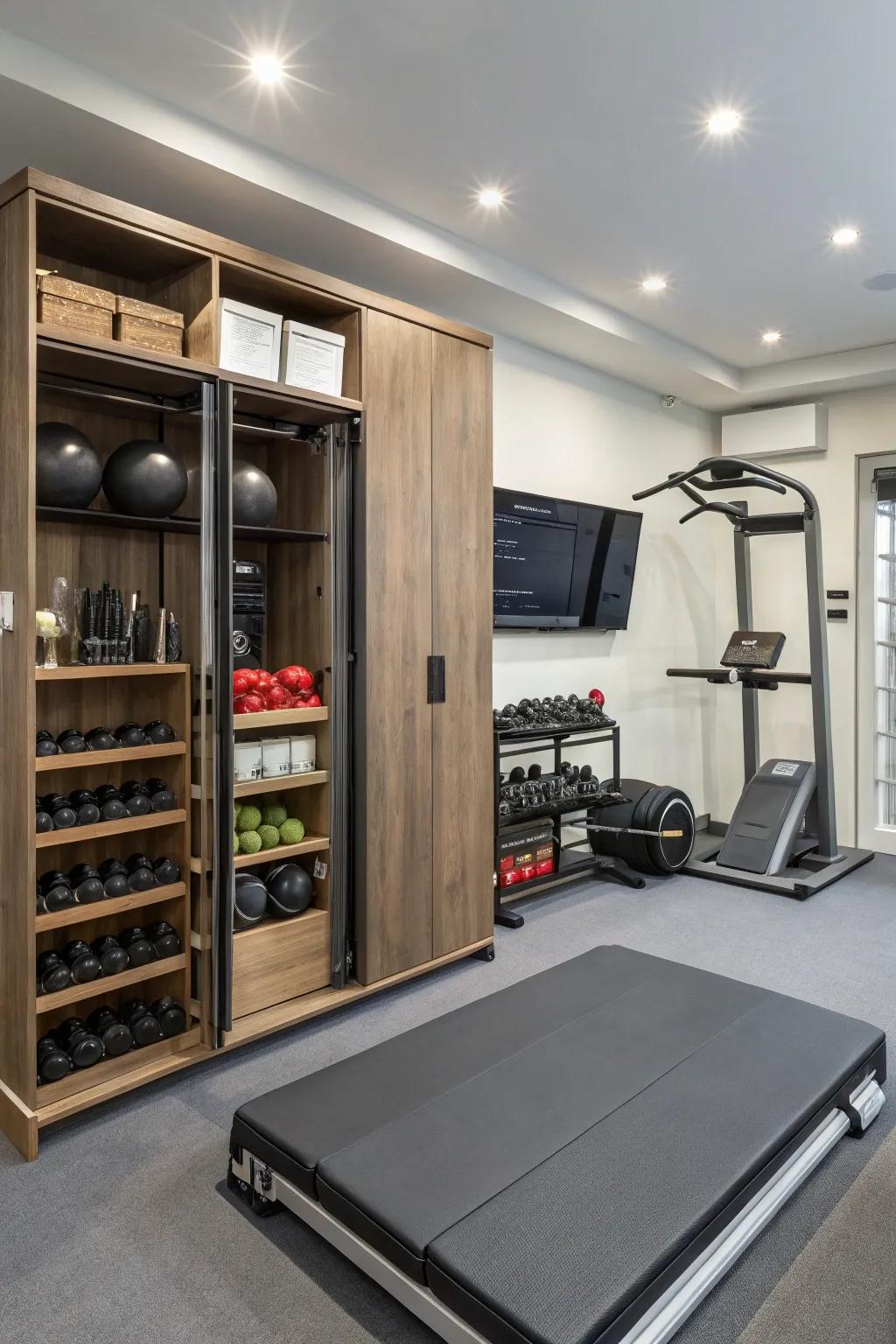 Concealed storage keeps your gym space tidy and uncluttered.