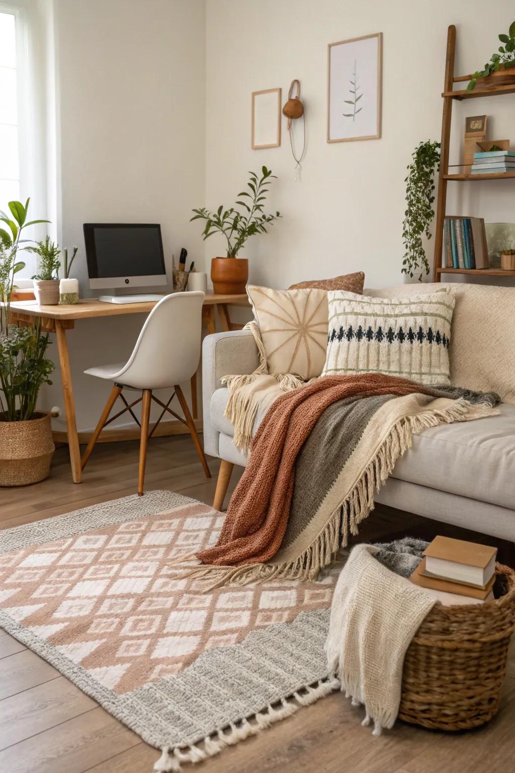 Layering different fabrics makes your workspace feel warm and inviting.