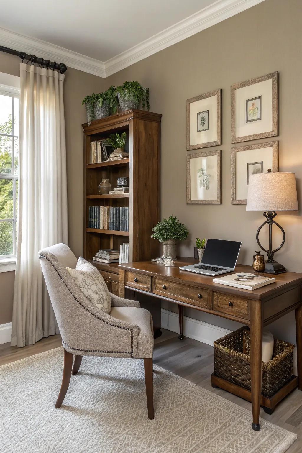 Sandstone walls append warmth and sophistication to this personal office.