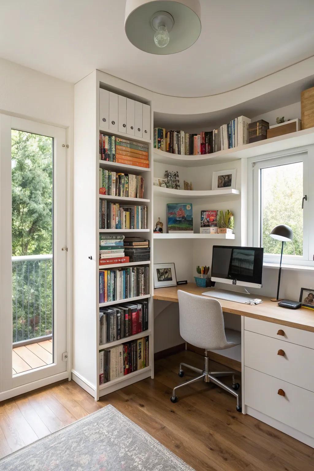 Revolving shelves maximize accessibility and efficiency.